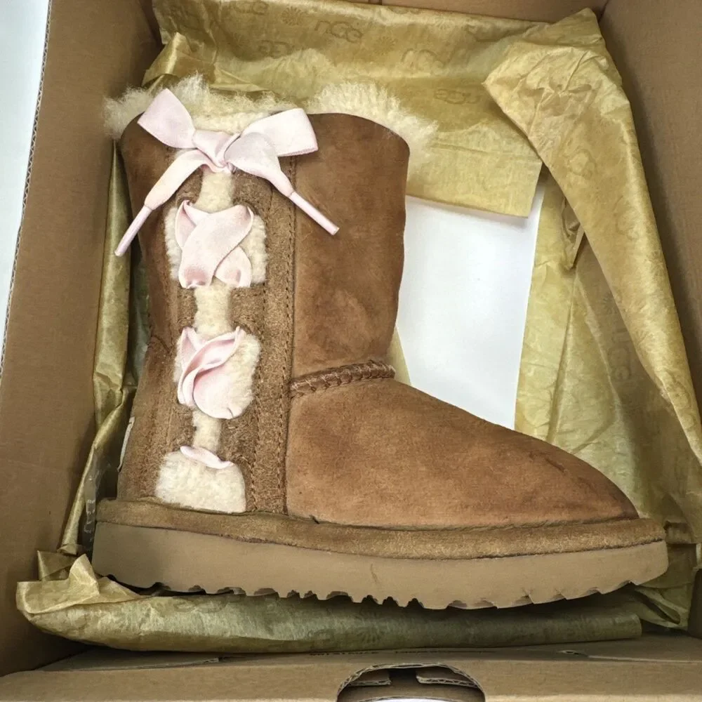 Ugg Boots Girls 9 Pala Toddler Chestnut Brown Lace-up Bow Pull On 1017737T w Box